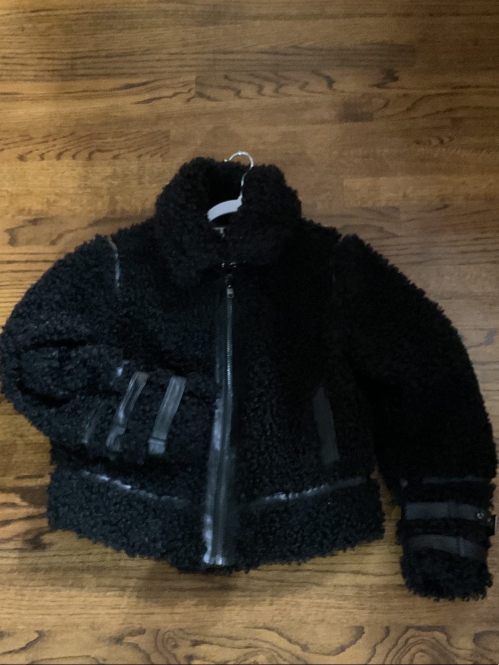 dh NEW YORK Moto Jacket Women Black Curly Faux Fur Leather Trim Buckles
